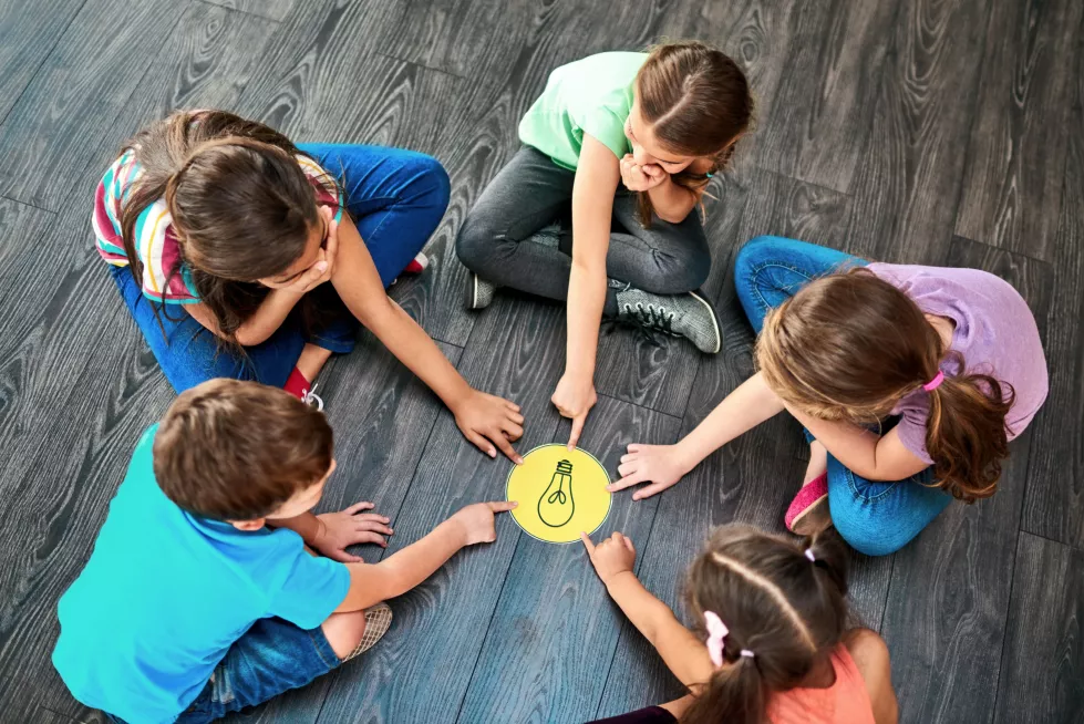 kids-pointing-playing-game-floor-with-lightbulb-decision-making-learning-diversity-circle-people-problem-solving-with-educational-activity-solution-knowledge-with-top-view
