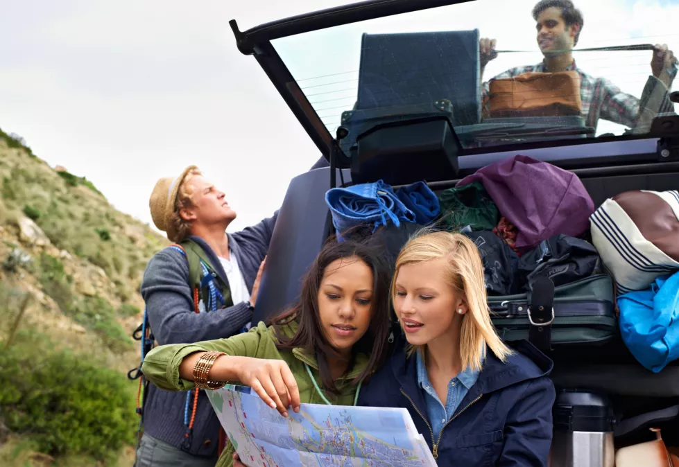friends-group-car-with-map-travel-mountain-with-bag-luggage-trunk-bonding-vacation-journey-explore-men-women-location-search-italy-camping-adventure-holiday