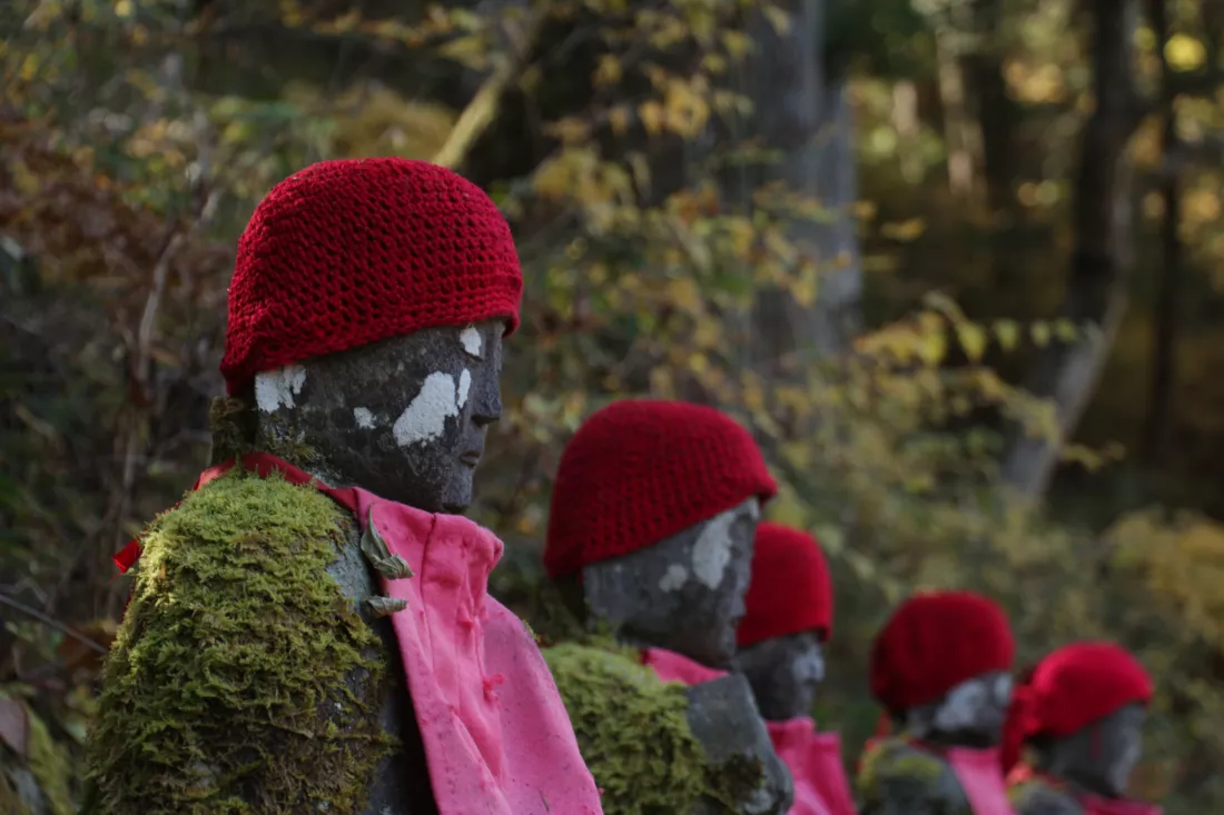close-up-sculptures-with-knit-hat-against-trees