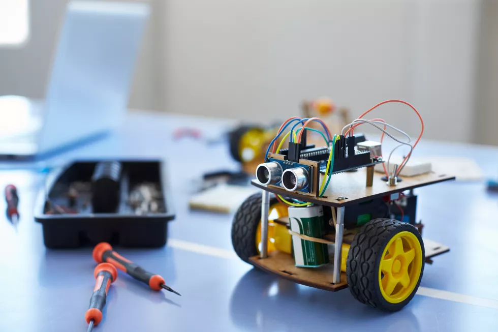 close-robot-vehicle-school-computer-coding-class
