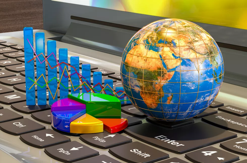 earth-globe-with-diagram-charts-keyboard-laptop-3d-rendering