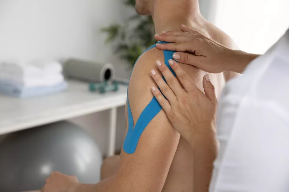 female-physiotherapist-applying-elastic-medical-bandage-male-patient