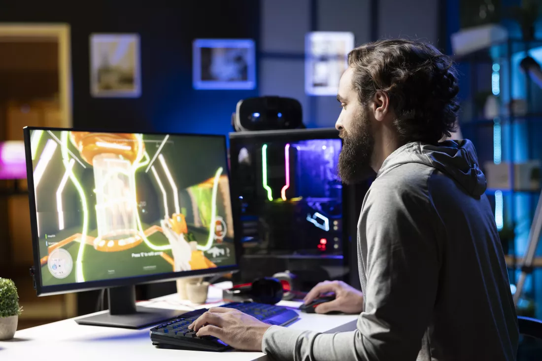 man-challenging-other-players-videogame-tournaments-online