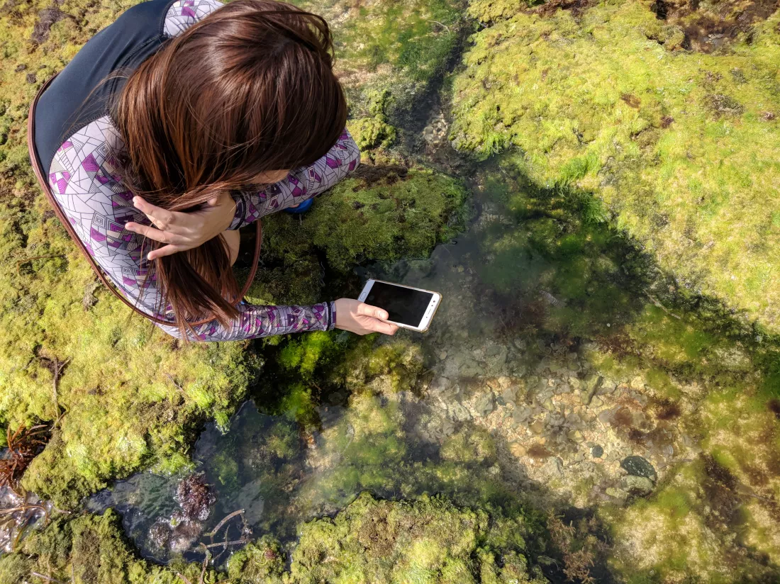 high-angle-view-young-woman-photographing-lake-while-crouching-field